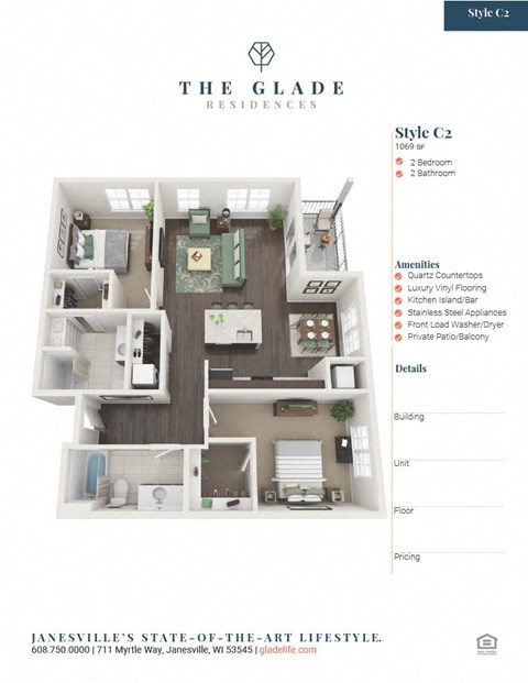 Floor plan for 2 beds, 2 baths, 1069 sqft
